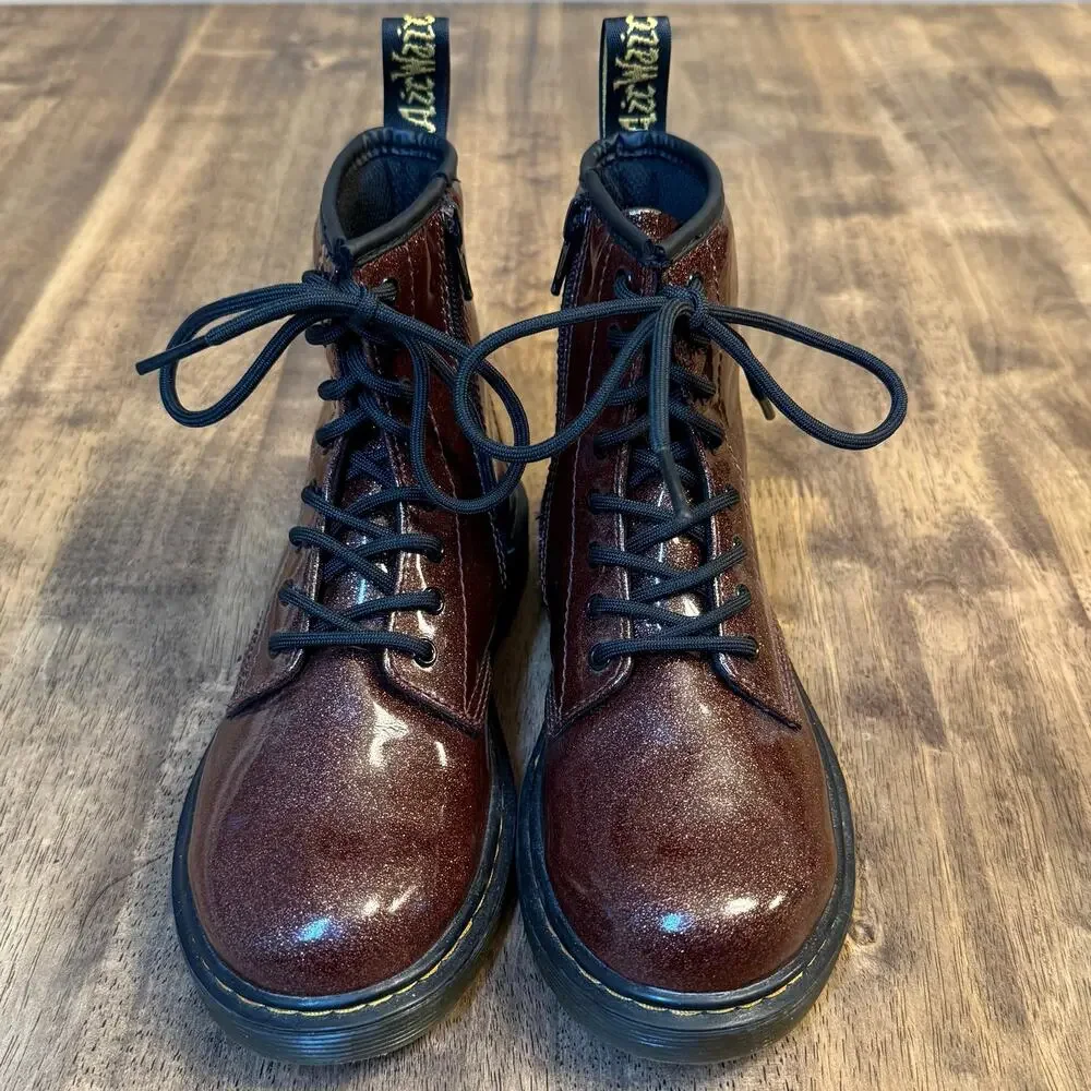 Dr. Martens AirWair Junior Glitter Patent Leather Boots Zipper Maroon US 3 EU 34